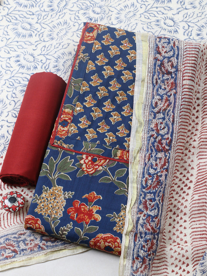 Printed Cotton Blend Unstitched Suit With Pant &amp; Dupatta