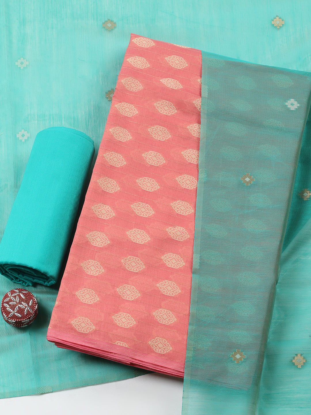 Printed Chanderi Unstitched Suit With Pant &amp; Dupatta