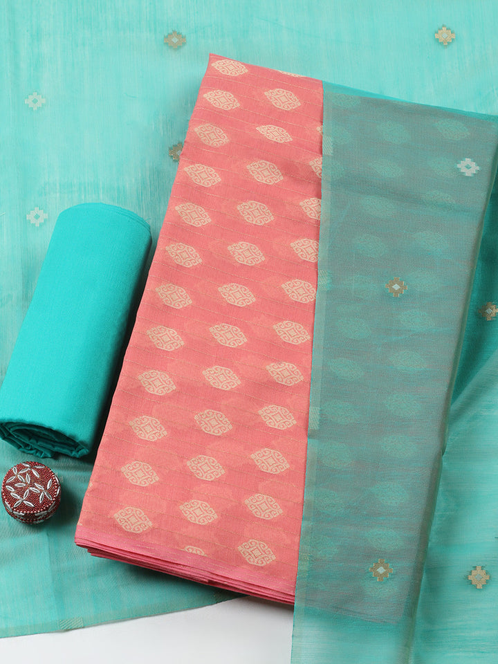 Printed Chanderi Unstitched Suit With Pant &amp; Dupatta