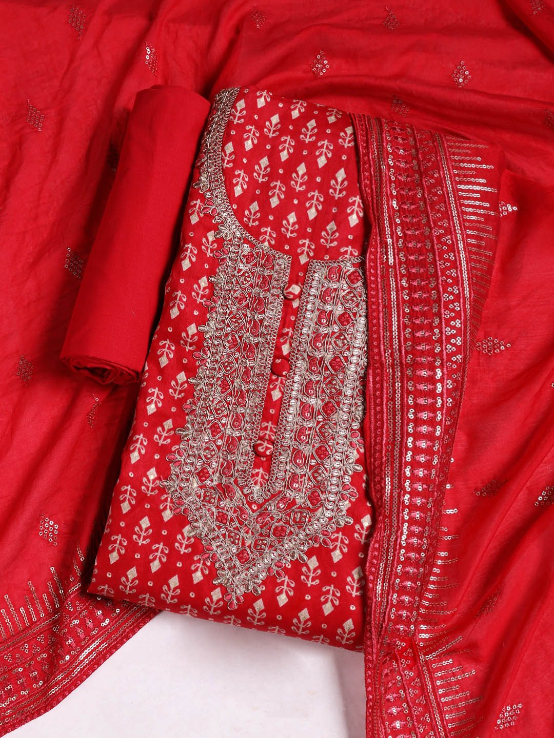 Neck Embroidered Cotton Blend Unstitched Suit With Dupatta