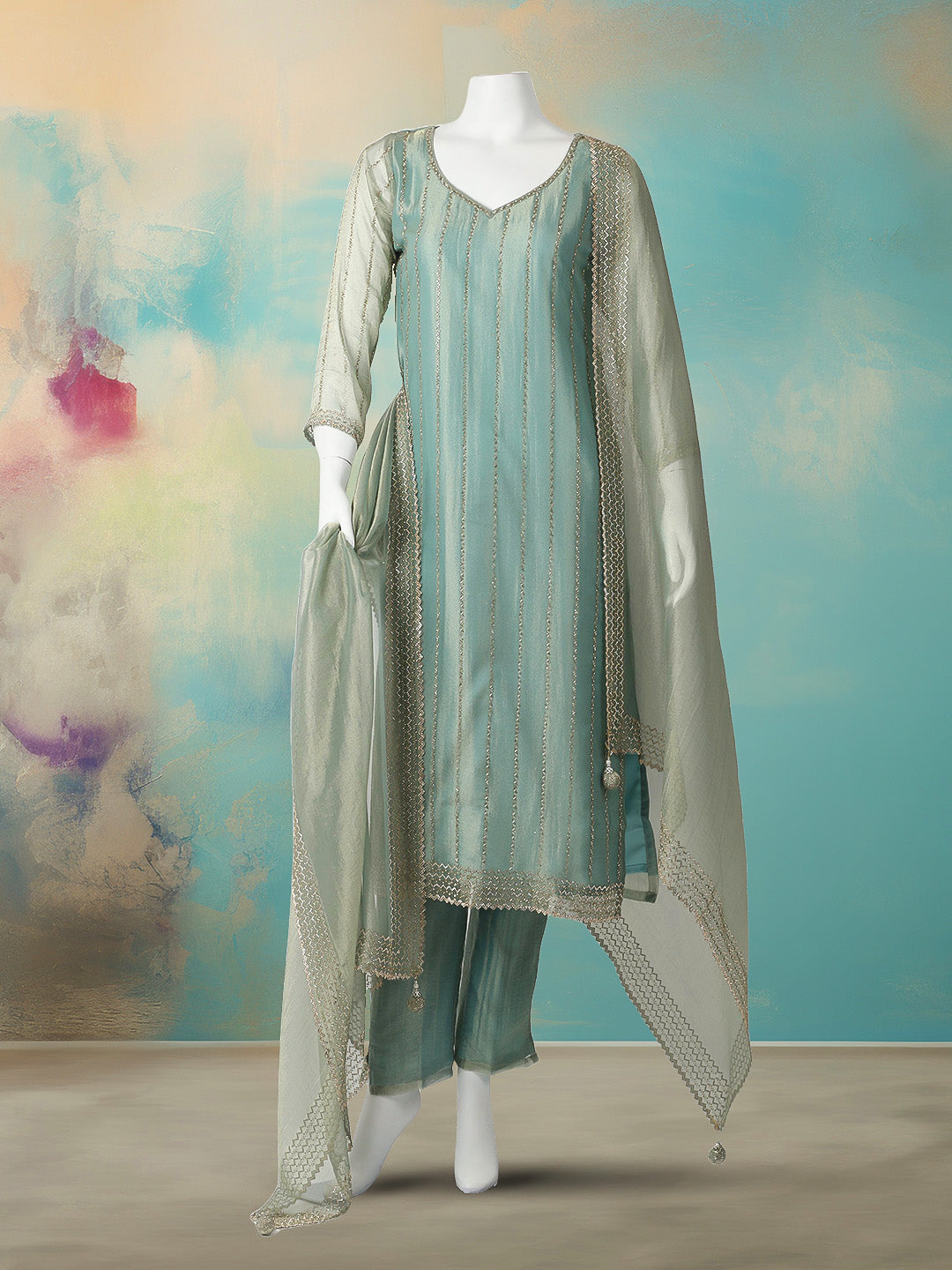 CutDana Embroidered Tissue Stitched Kurta With Pant &amp; Dupatta