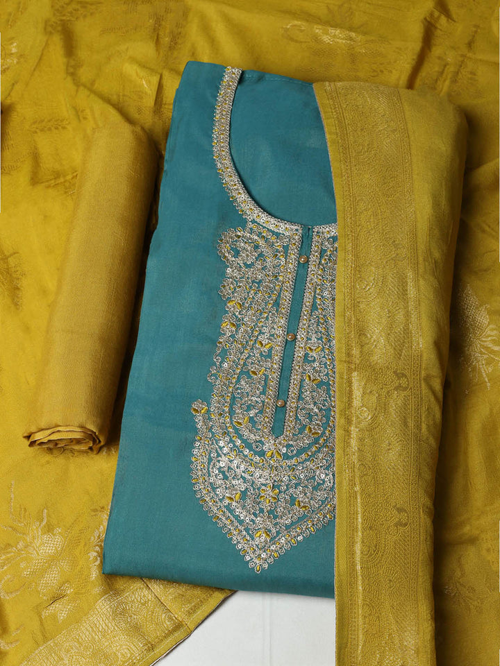 Embroidered Chanderi Unstitched Suit With Pant &amp; Dupatta