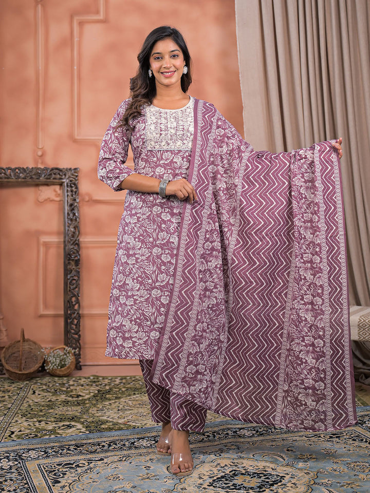 Printed Cotton Kurta With Pant &amp; Dupatta