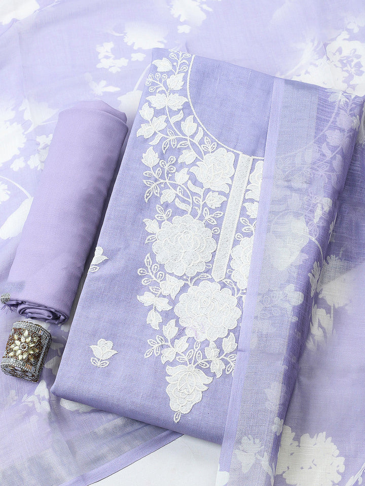 Embroidered Linen Blend Unstitched Suit With Pant &amp; Dupatta