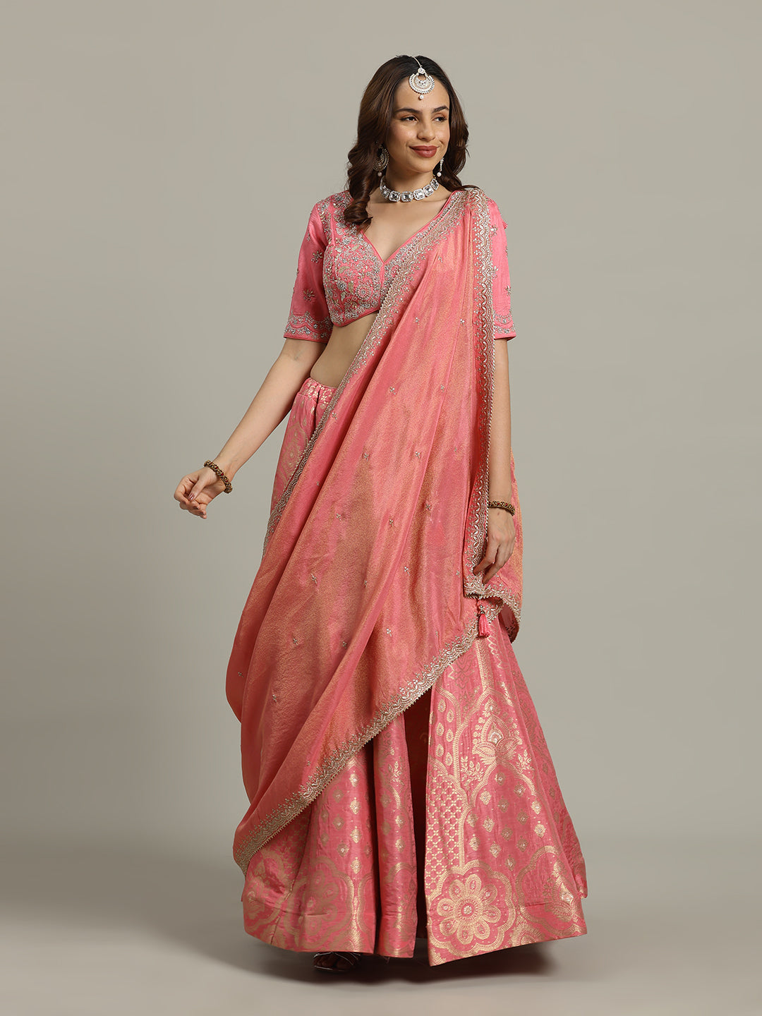 Embroidered Banarasi Choli With Lehenga &amp; Dupatta
