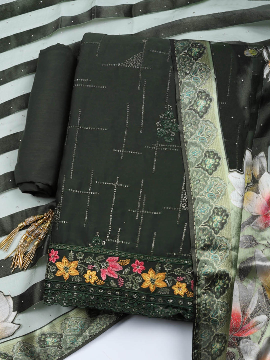Woven Design Georgette Unstitched Suit With Pant &amp; Dupatta