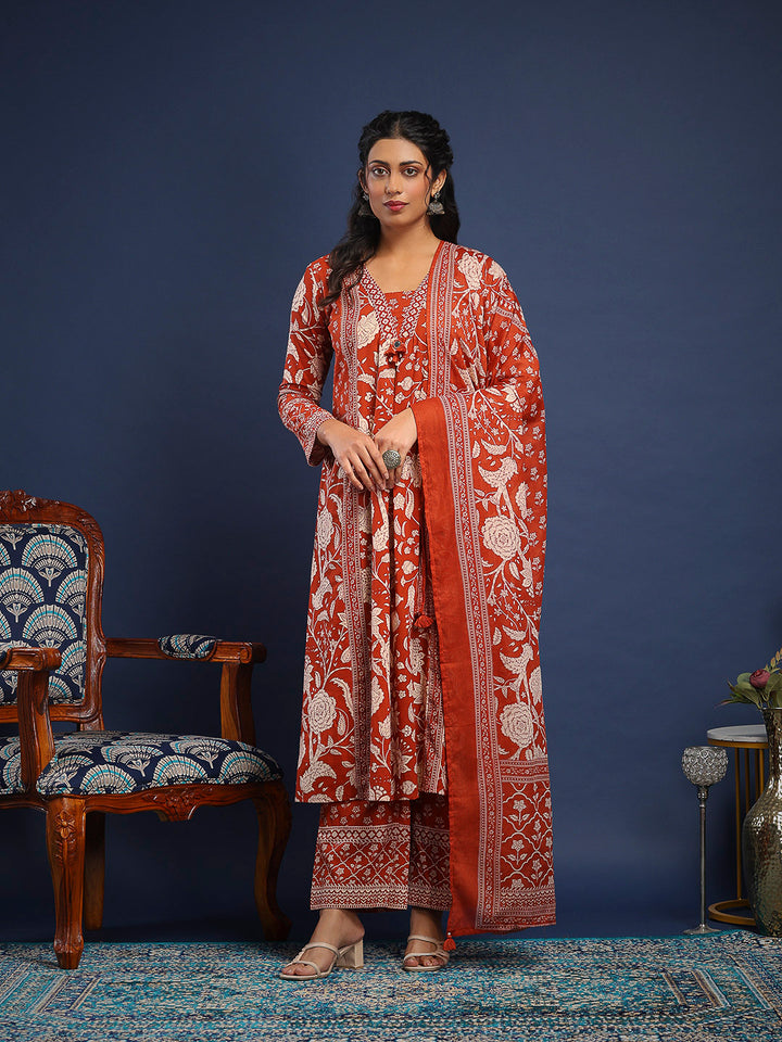 Rust Cotton Blend Printed A Line Suit Set