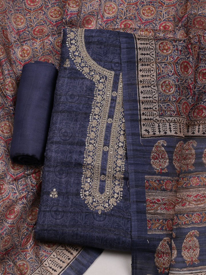 Embroidered Art Silk Unstitched Suit With Dupatta