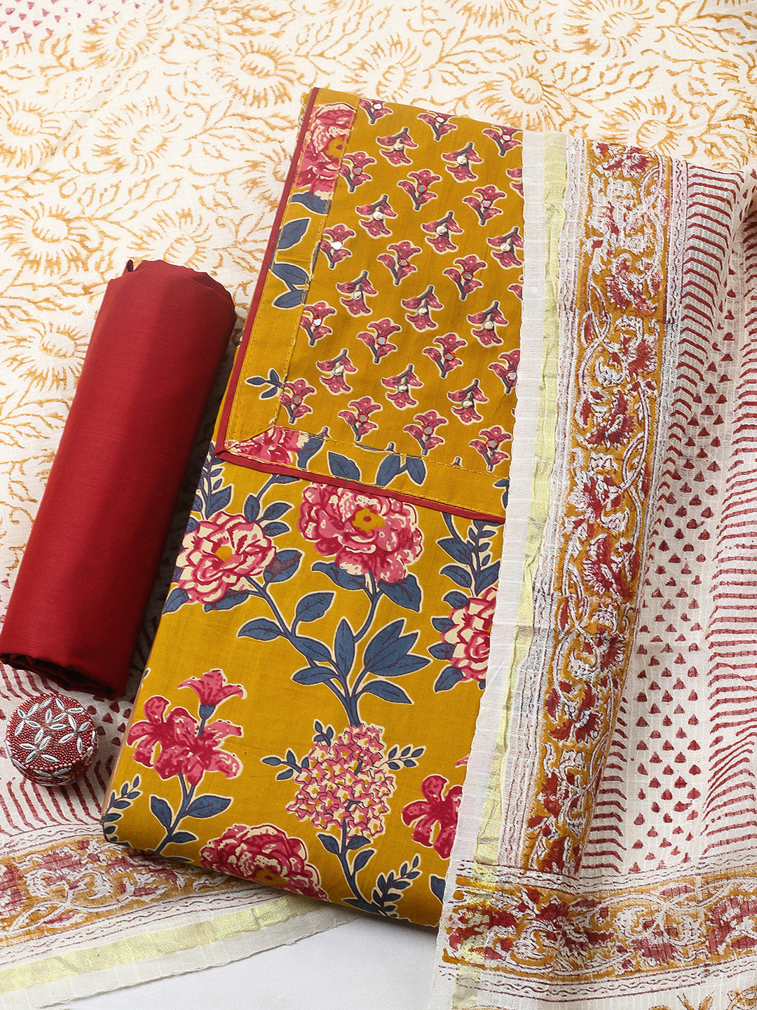 Printed Cotton Blend Unstitched Suit With Pant &amp; Dupatta