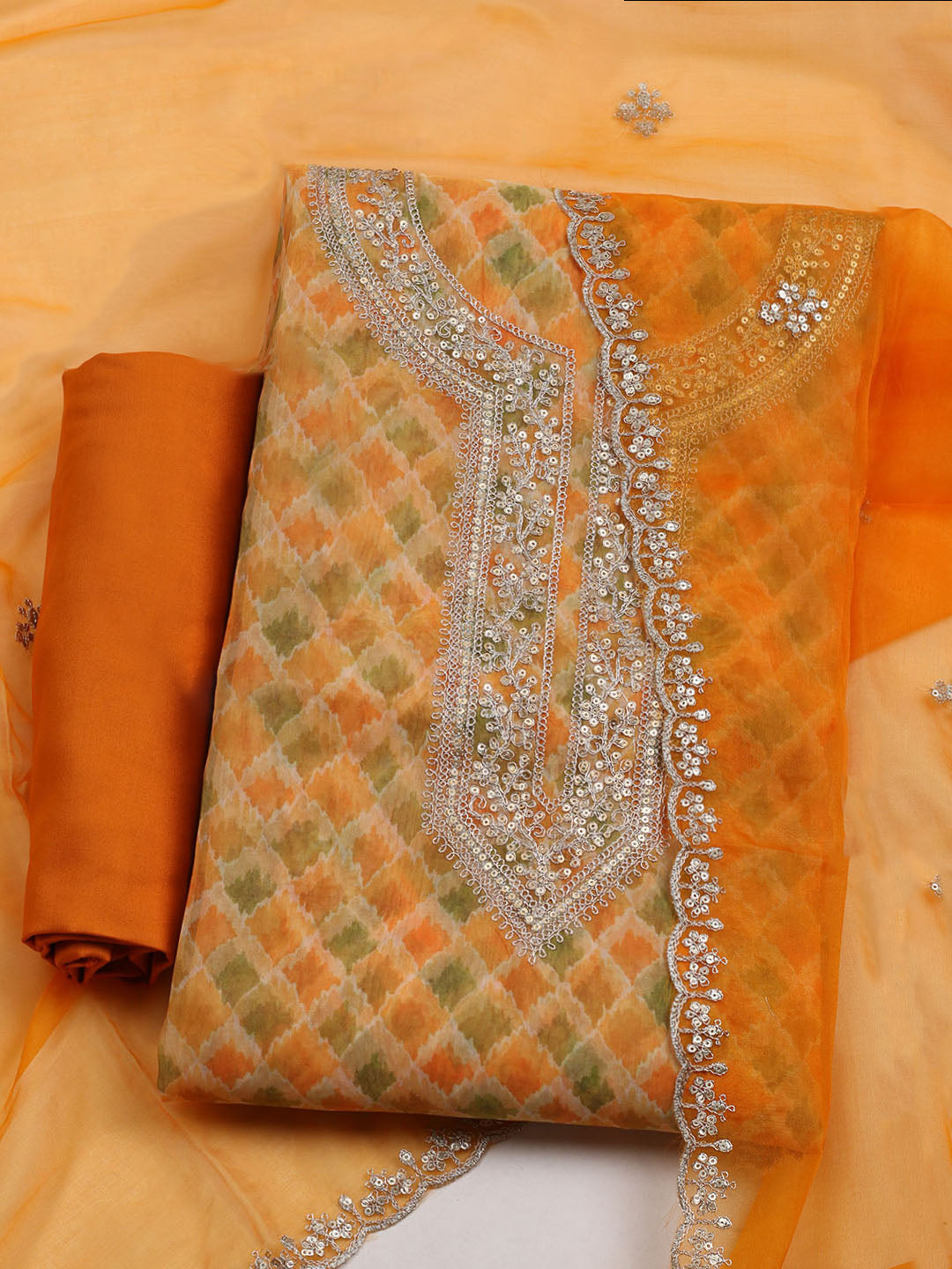 Neck Embroidered &amp; Printed Organza Unstitched Suit With Dupatta