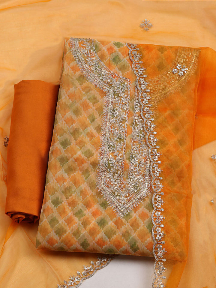 Neck Embroidered &amp; Printed Organza Unstitched Suit With Dupatta