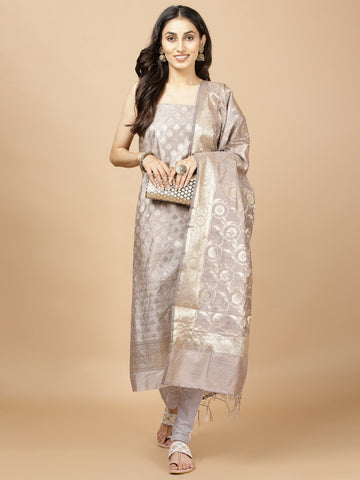 Woven Banarasi Chanderi Unstitched Suit With Dupatta