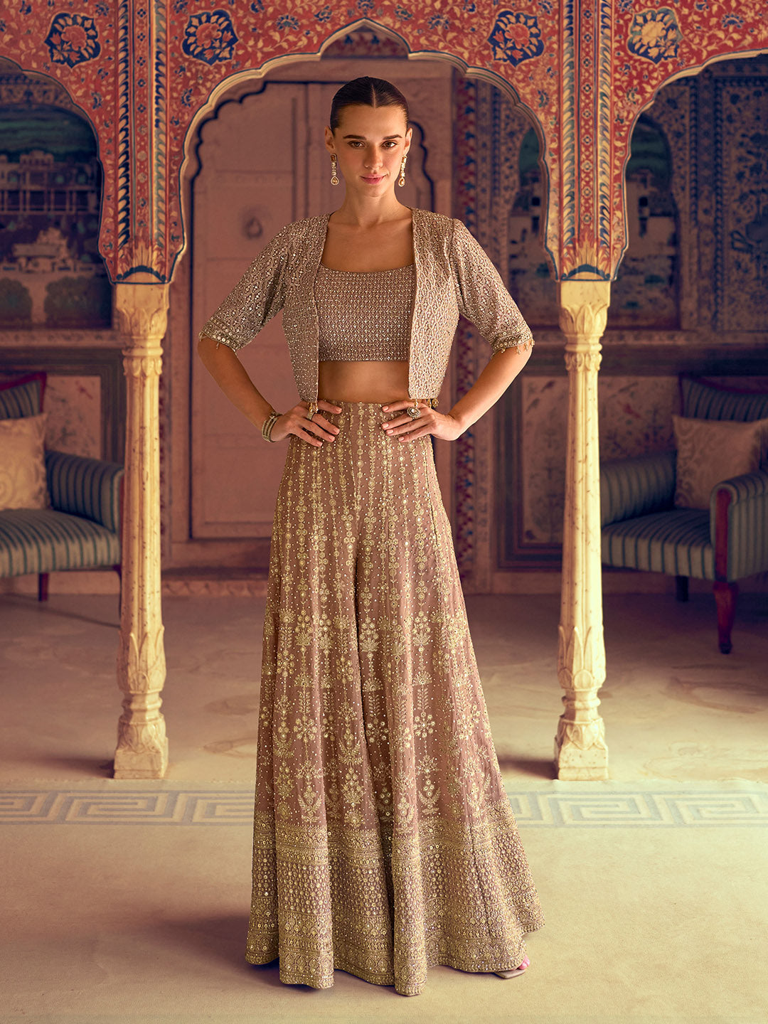 Embroidered Georgette Choli &amp; Gharara With Jacket