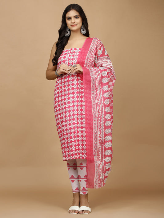 Neck Patti Printed Cotton Unstitched Suit With Dupatta