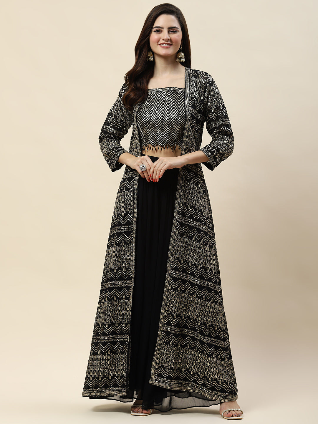 Sequin Embroidery Georgette Crop Top With Sharara & Jacket