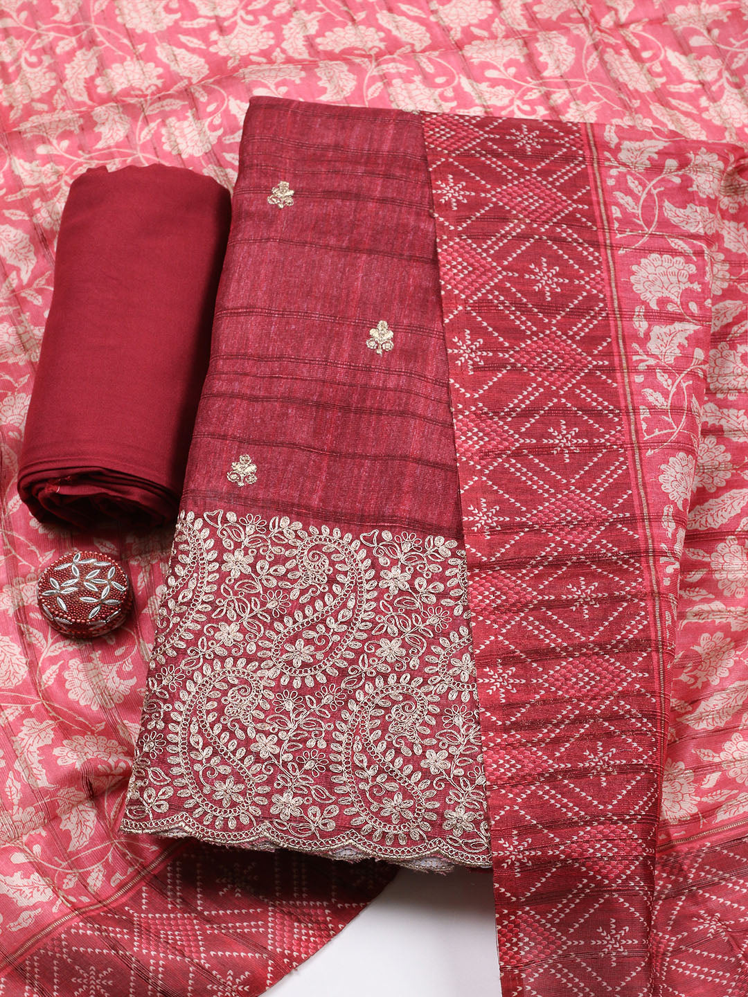 Embroidered Tussar Unstitched Suit With Pant &amp; Dupatta