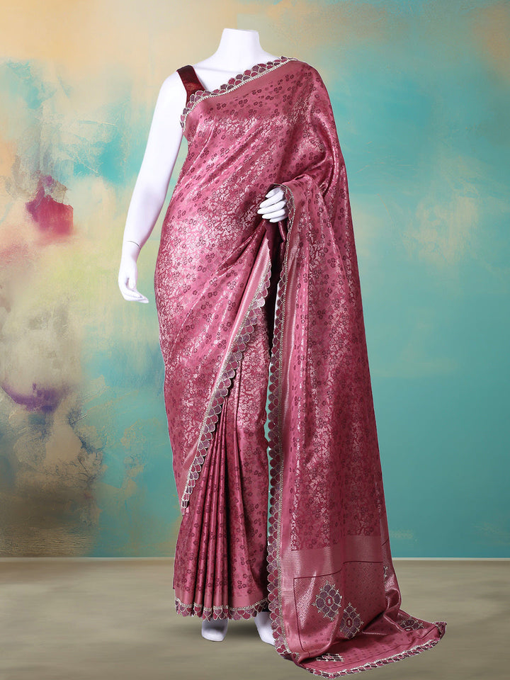 Floral Woven Design &amp; Embellished Border Satin Saree