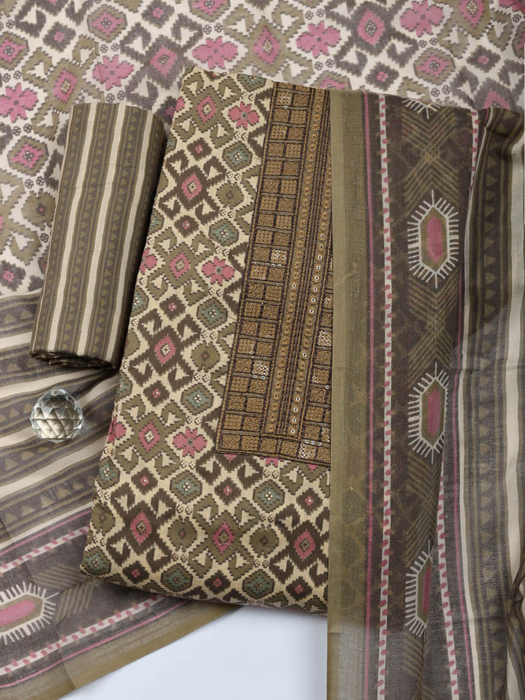 Printed Cotton Blend Unstitched Suit With Pant &amp; Dupatta