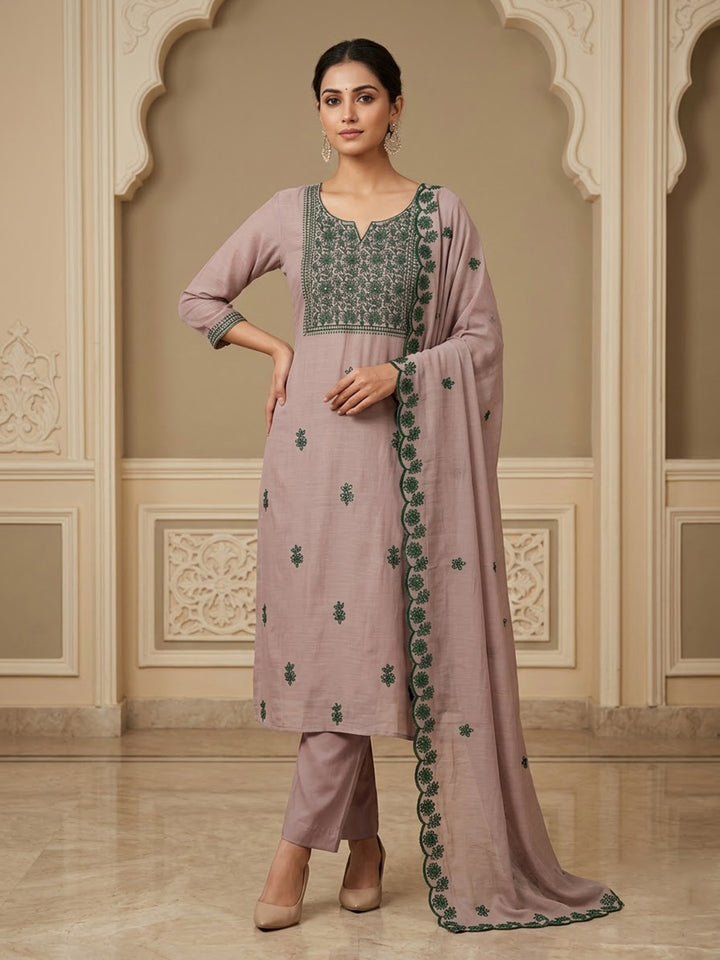 Beige Chanderi Embroidered Unstitched Dress Material