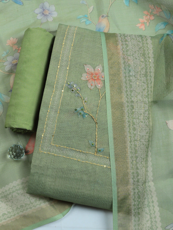 Printed Linen Blend Unstitched Suit With Pant &amp; Dupatta