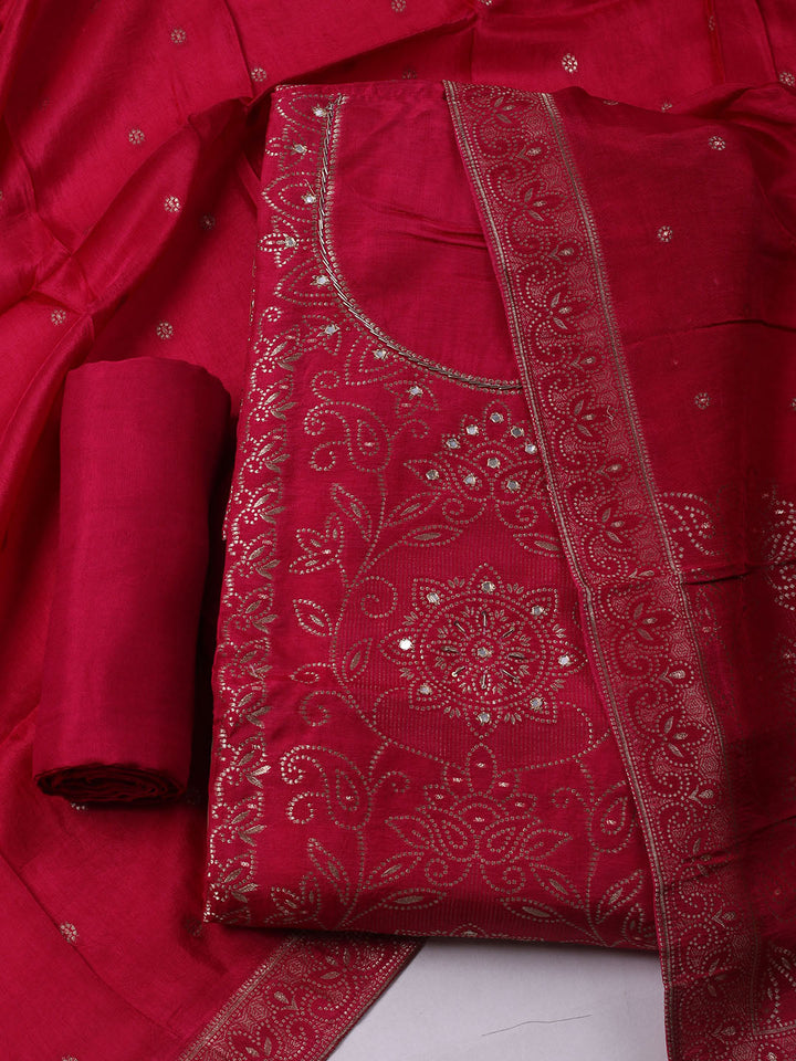 Woven Design Chanderi Unstitched Kurta With Pant &amp; Dupatta