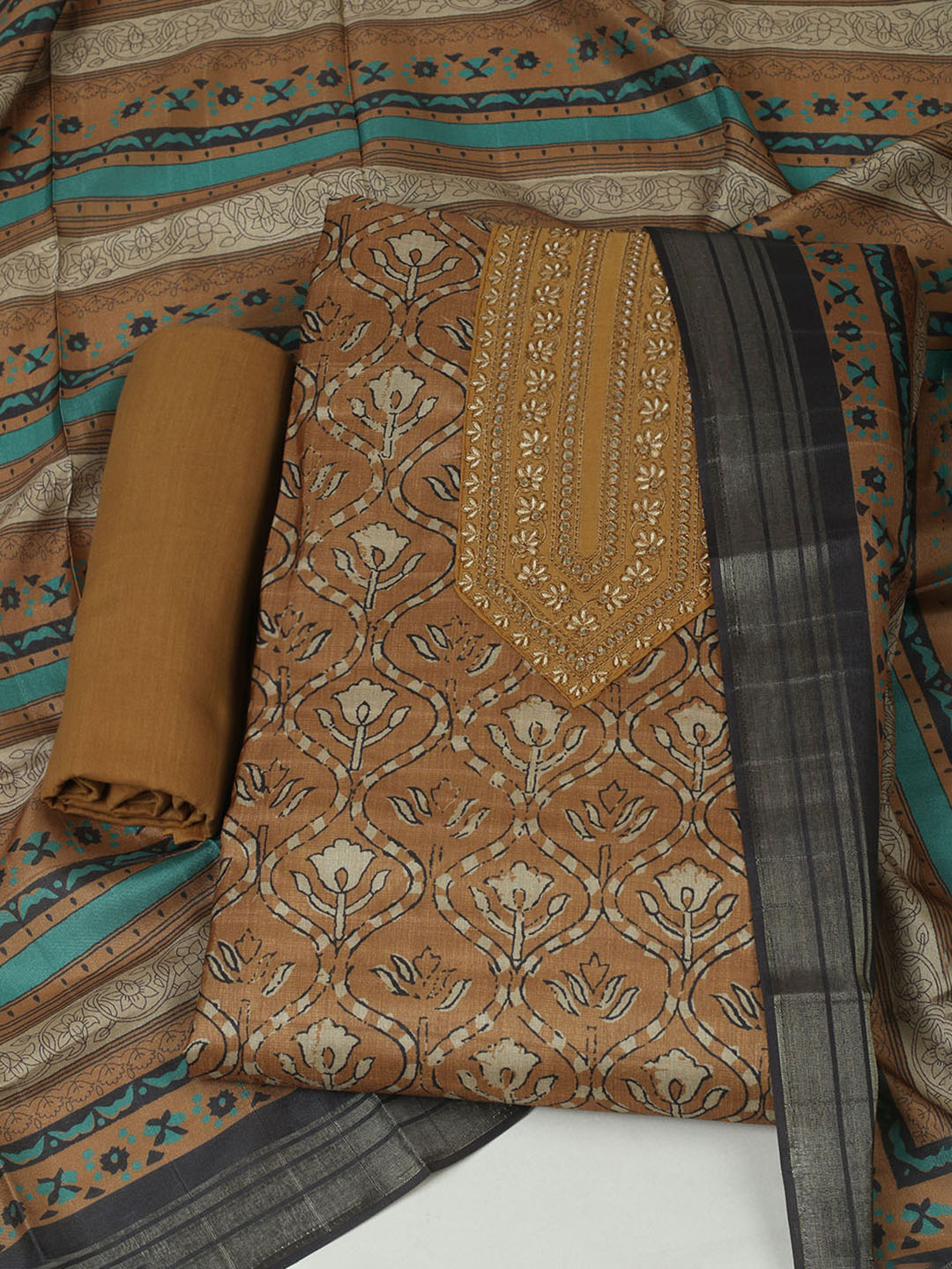 Embroidered Chanderi Unstitched Suit With Pant &amp; Dupatta