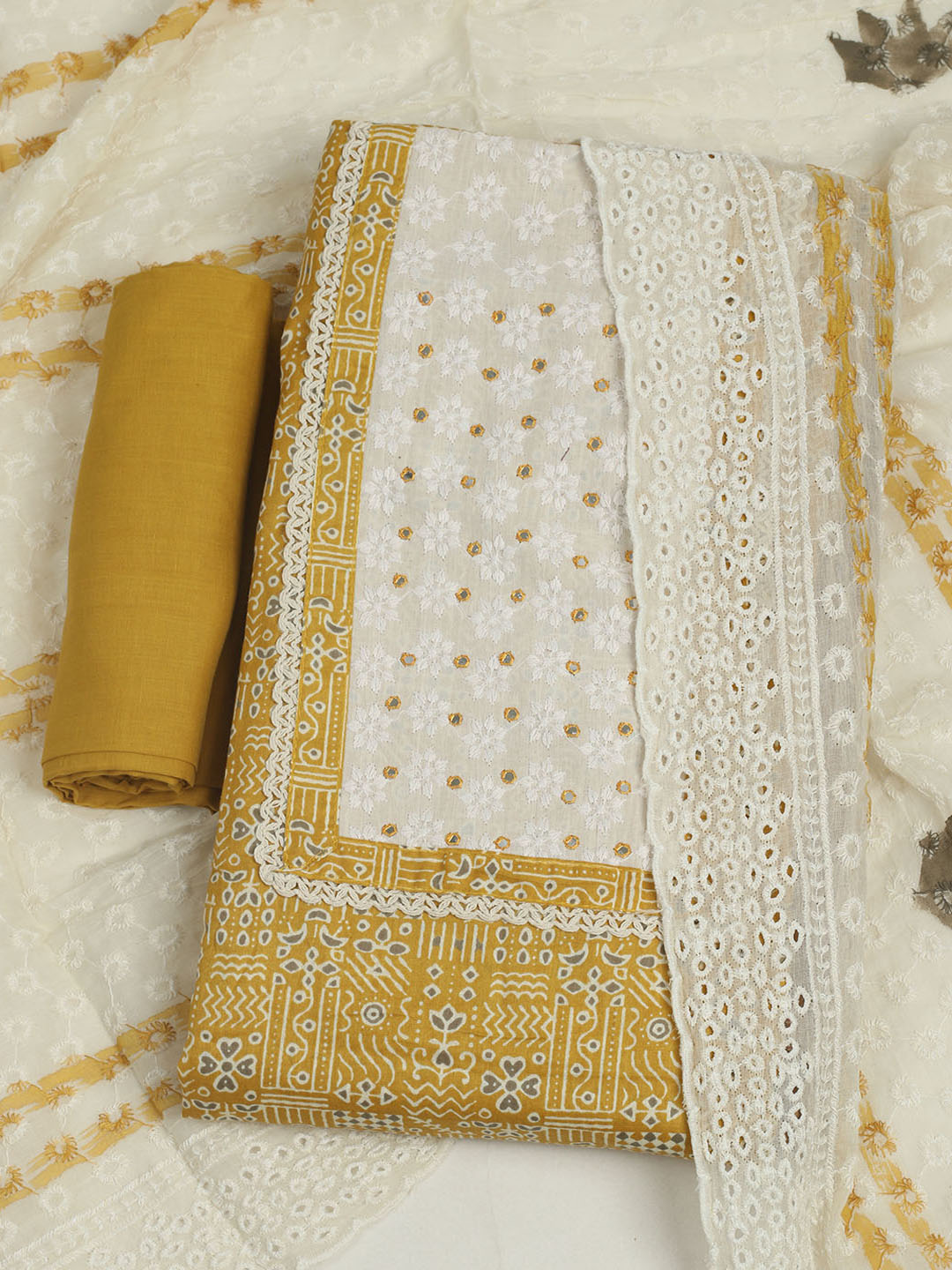 Printed Cotton Unstitched Suits Printed Suit With Pant &amp; Dupatta
