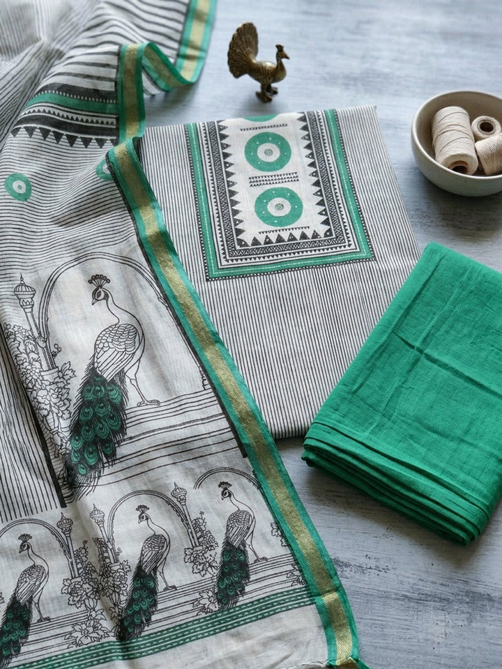 Embroidered Linen Blend Unstitched Suit With Pant &amp; Dupatta