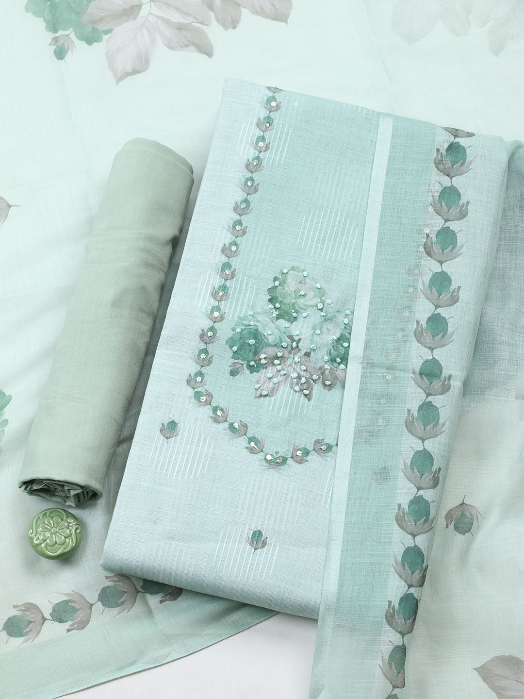Embroidered Linen Blend Unstitched Suit With Pant Dupatta