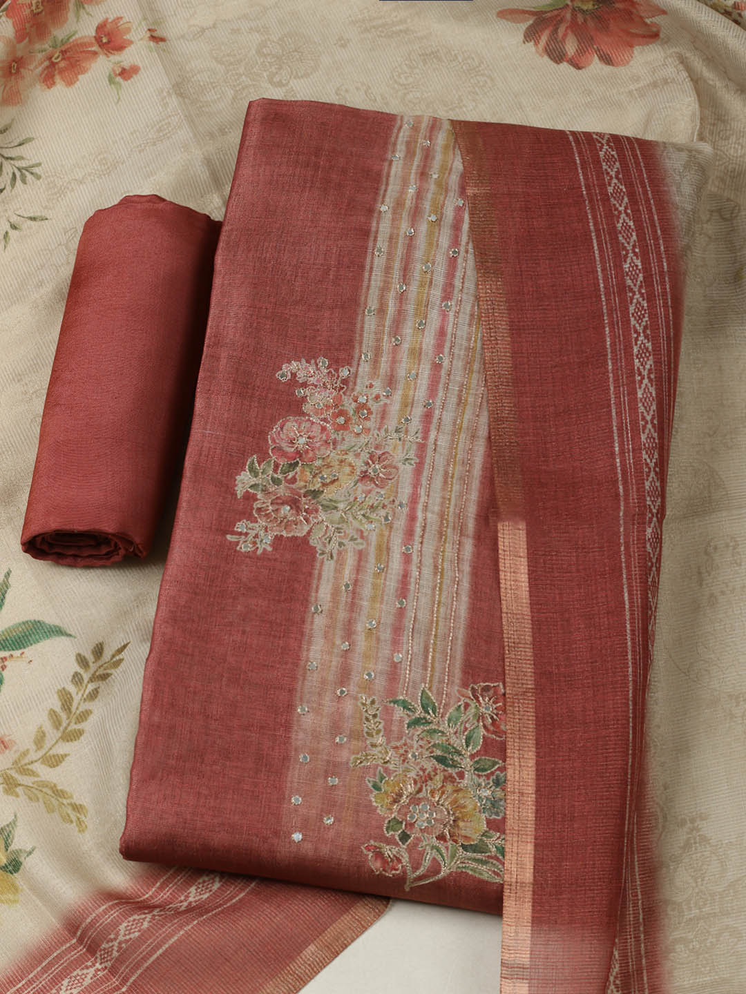 Embroidered Tissue Unstitched Suit With Pant &amp; Dupatta