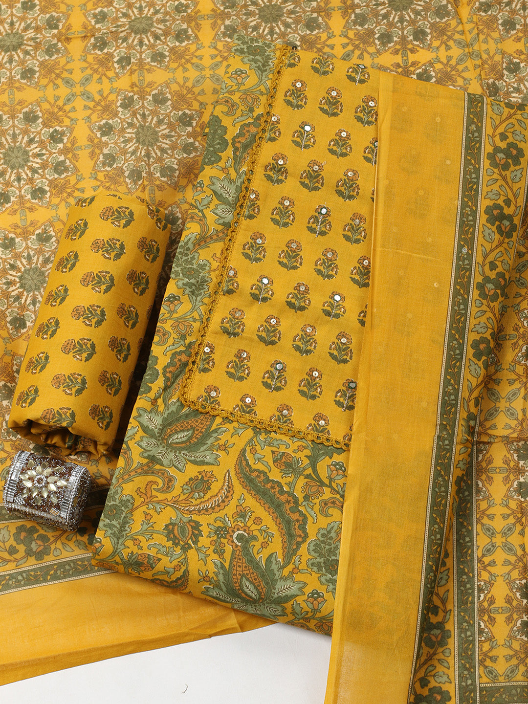 Embroidered Cotton Blend Unstitched Suit With Pant &amp; Dupatta