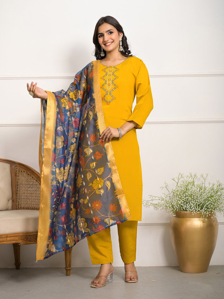 Neck Embroidered Muslin Kurta With Pants &amp; Dupatta