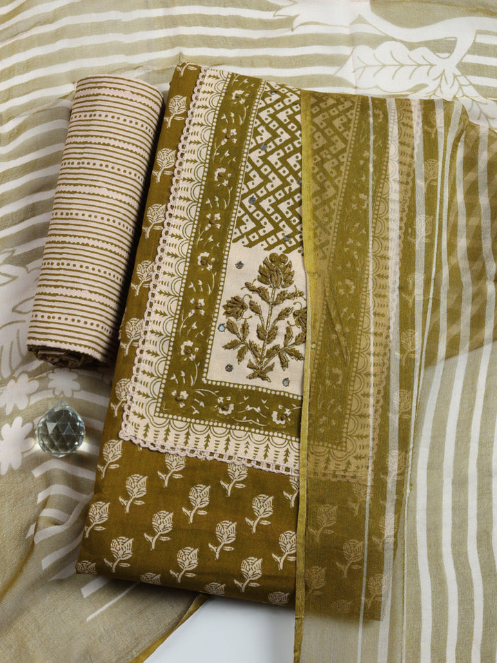 Embroidered Cotton Blend Unstitched Suit With Pant &amp; Dupatta