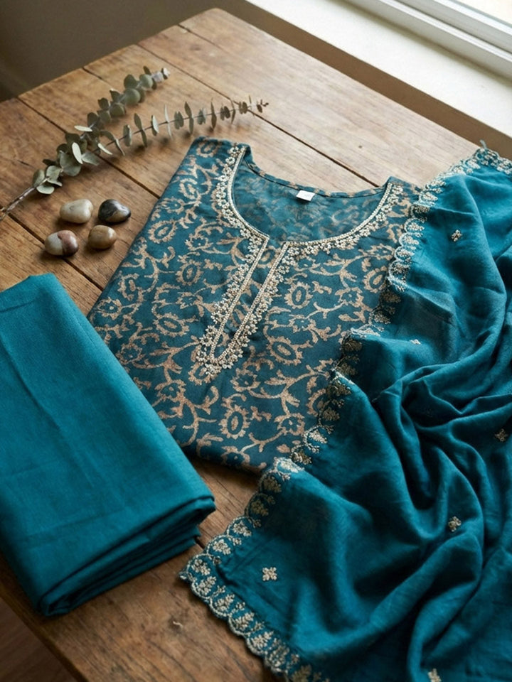 Embroidered Cotton Blend Unstitched Suit With Pant &amp; Dupatta