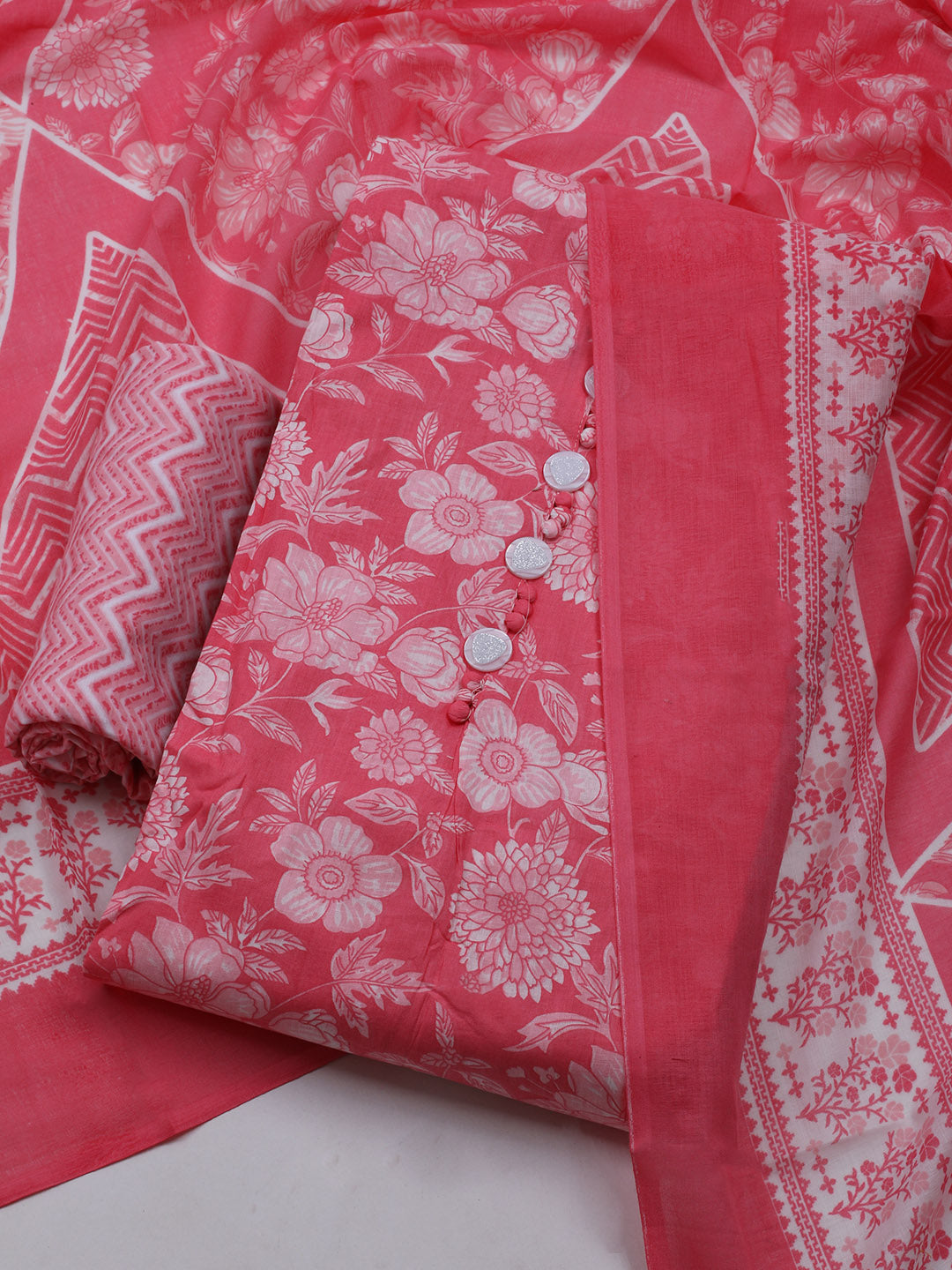 Printed Cotton Blend Unstitched Suit With Dupatta