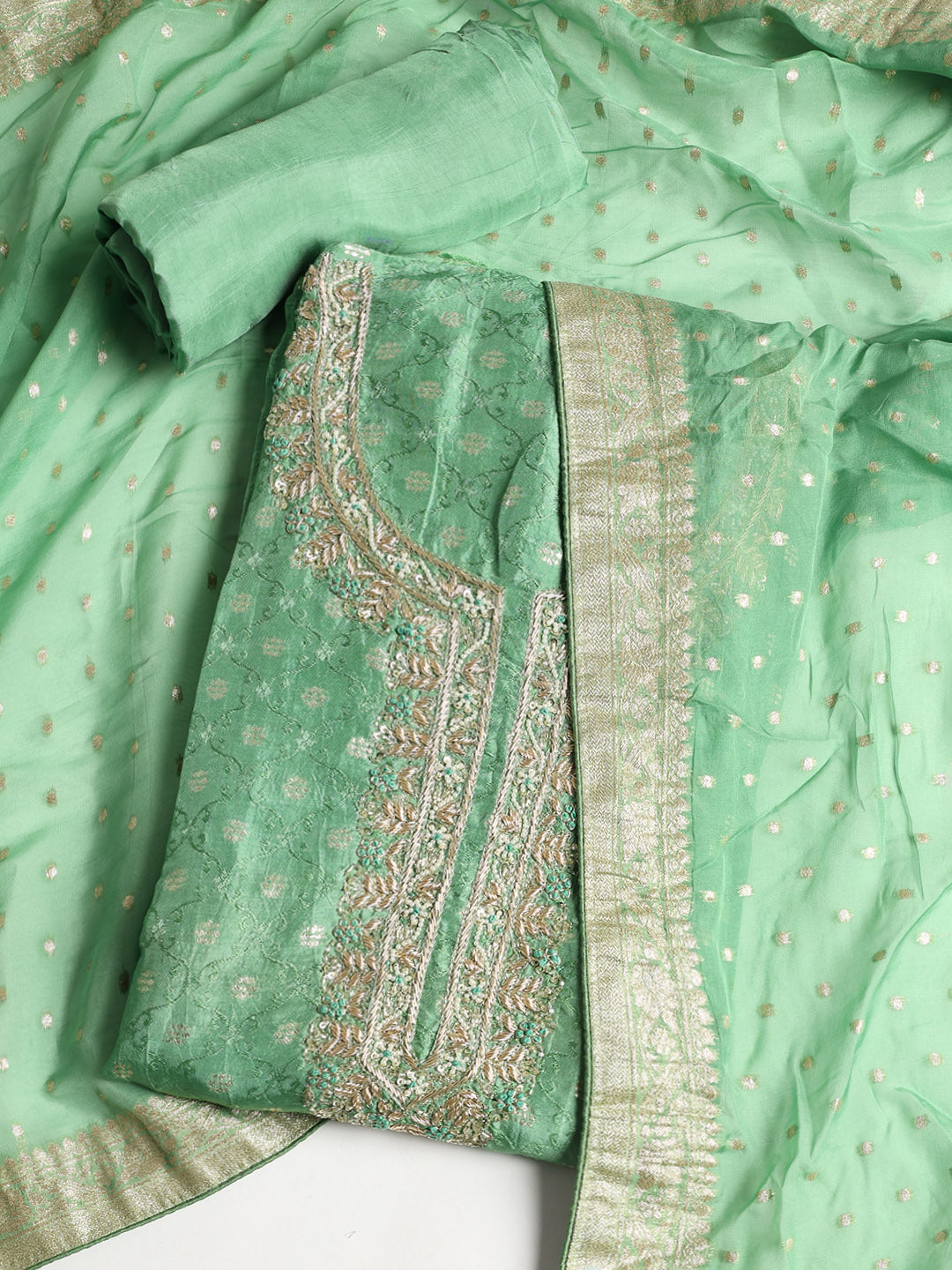 Neck Embroidered Chanderi Unstitched Suit With Dupatta