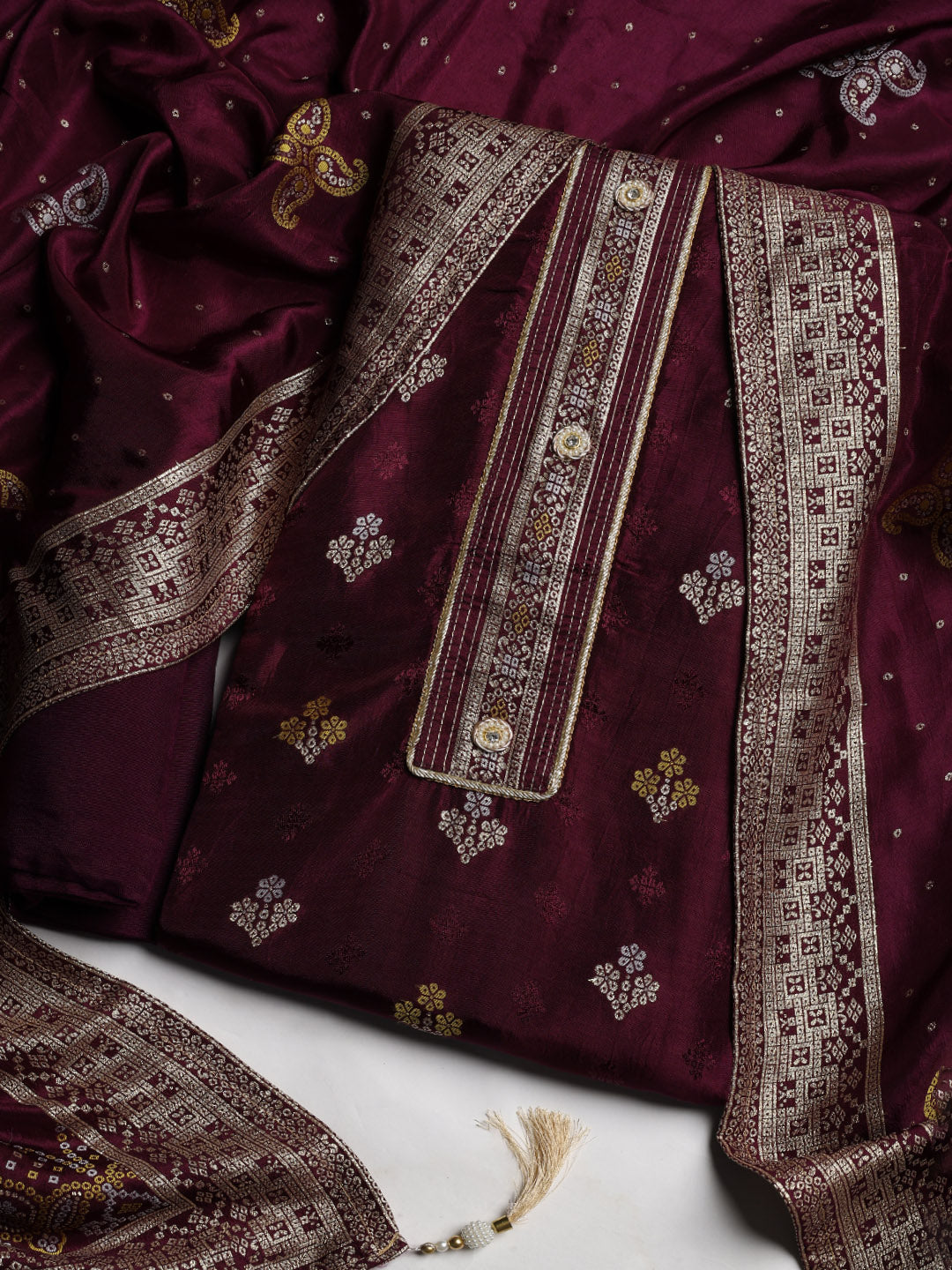 Embroidered Chanderi Unstitched Suit With Dupatta