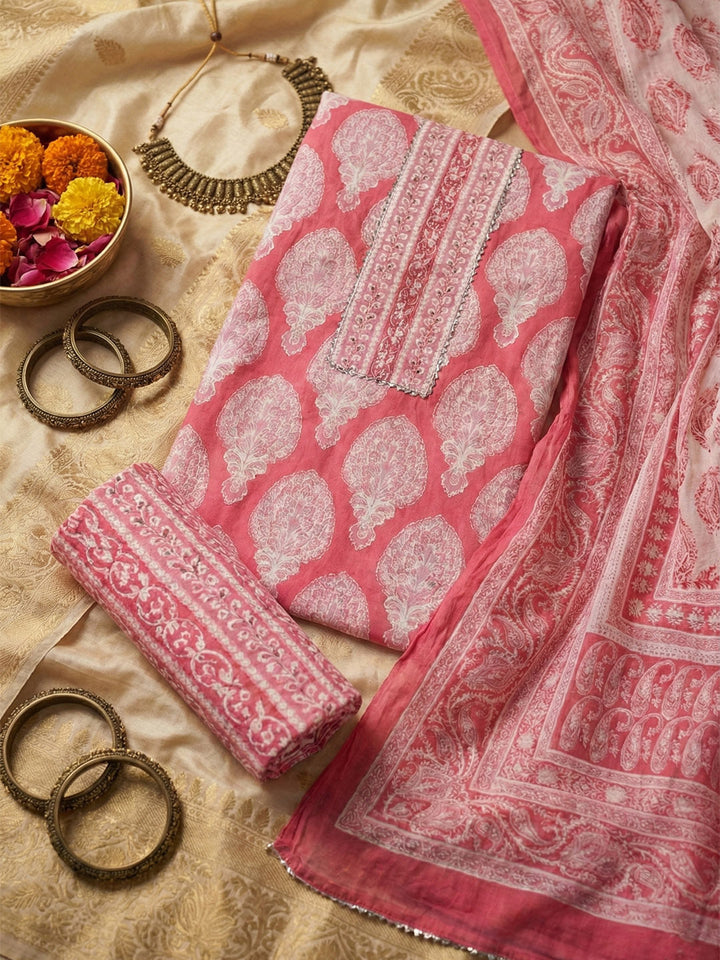 Printed Cotton Blend Unstitched Suit With Pant &amp; Dupatta