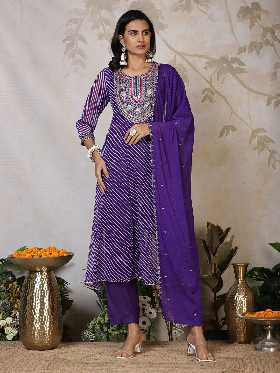 Embroidered Georgette Kurta With Pants & Dupatta