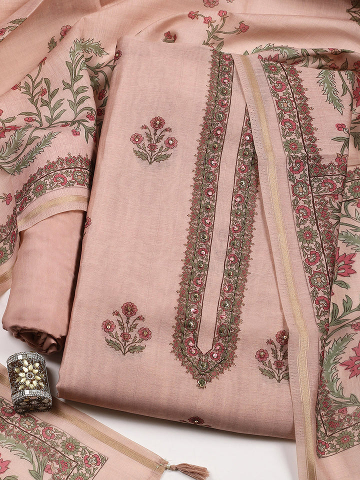 Embroidered Chanderi Unstitched Suit With Pant &amp; Dupatta