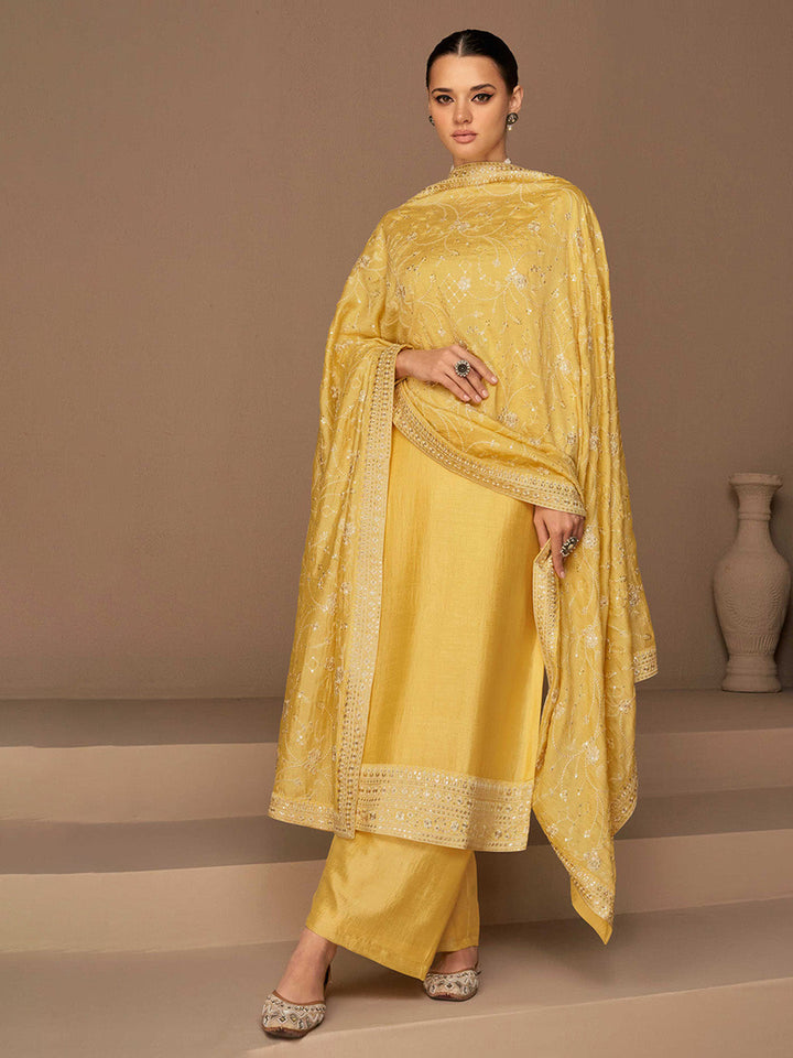 Embroidered Silk Semi Stitched Suit With Pant &amp; Dupatta