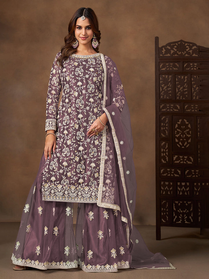 Embroidered Net Semi Stitched Kurta With Plazzo &amp; Dupatta