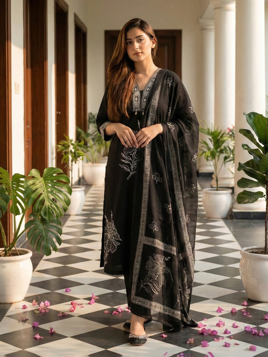 Printed Cotton Blend Kurta With Pant &amp; Dupatta