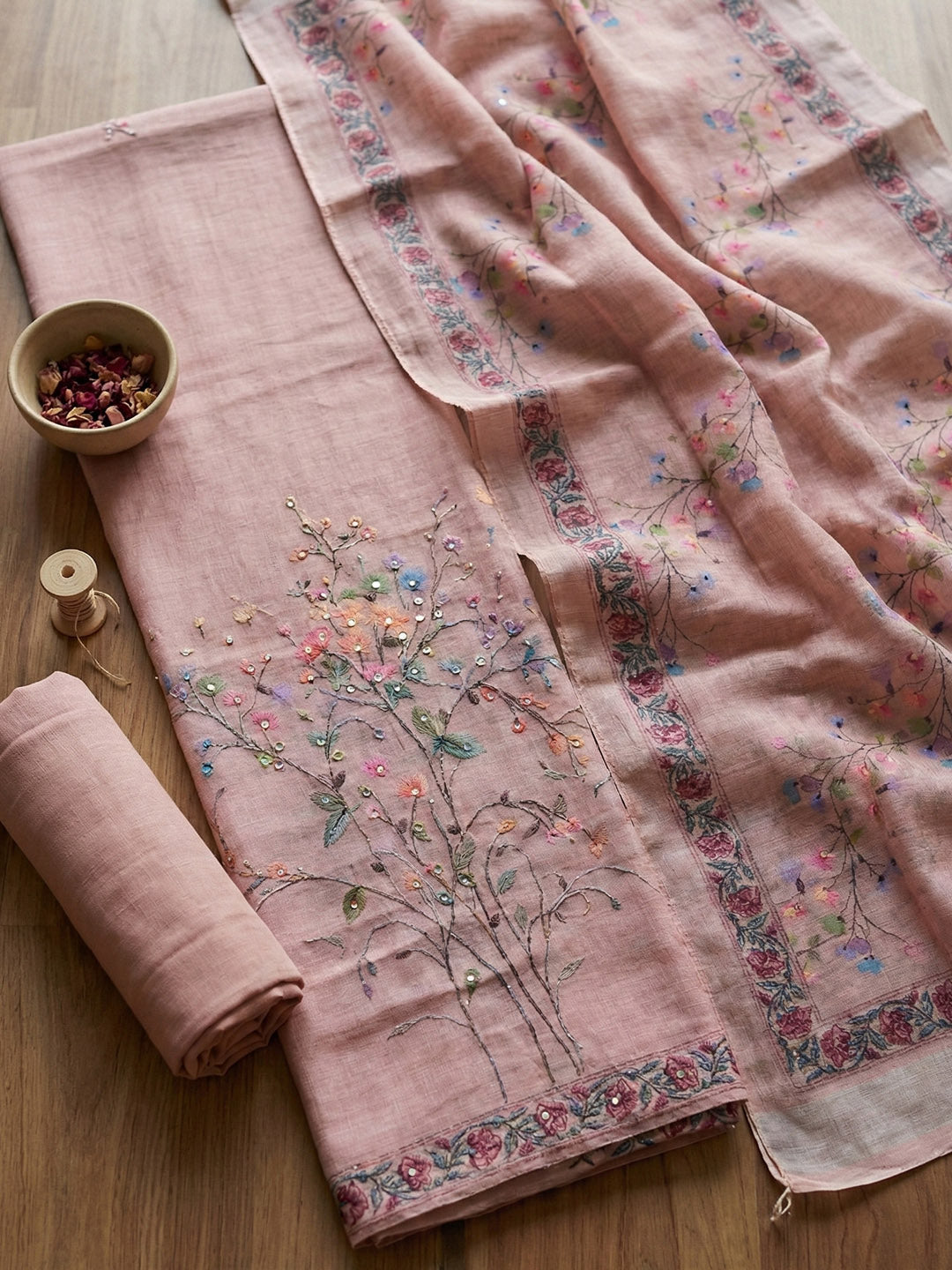 Embroidered Cotton Blend Unstitched Suit With Pant &amp; Dupatta