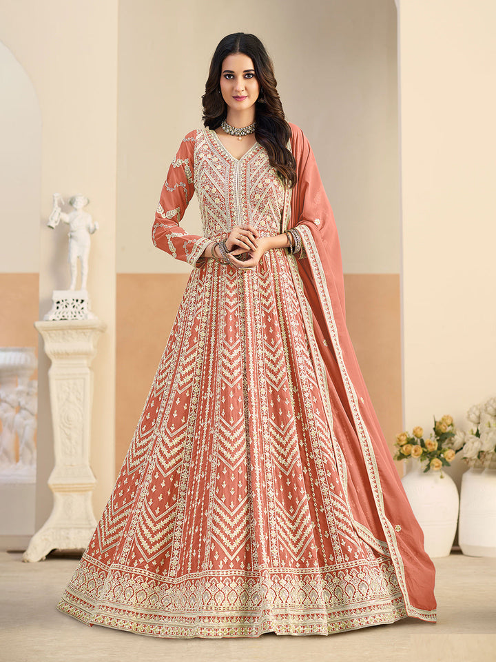 Embroidered Geogrette Semi Stitched Gown With Pant &amp; Dupatta