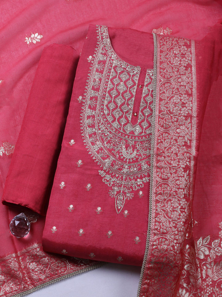 Embroidered Chanderi Unstitched Suit With Pant &amp; Dupatta