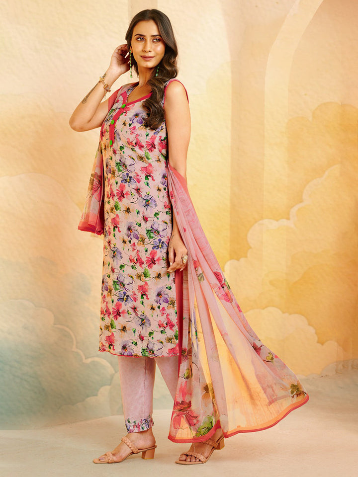 Printed Crepe Unstitched Suit With Pant &amp; Dupatta