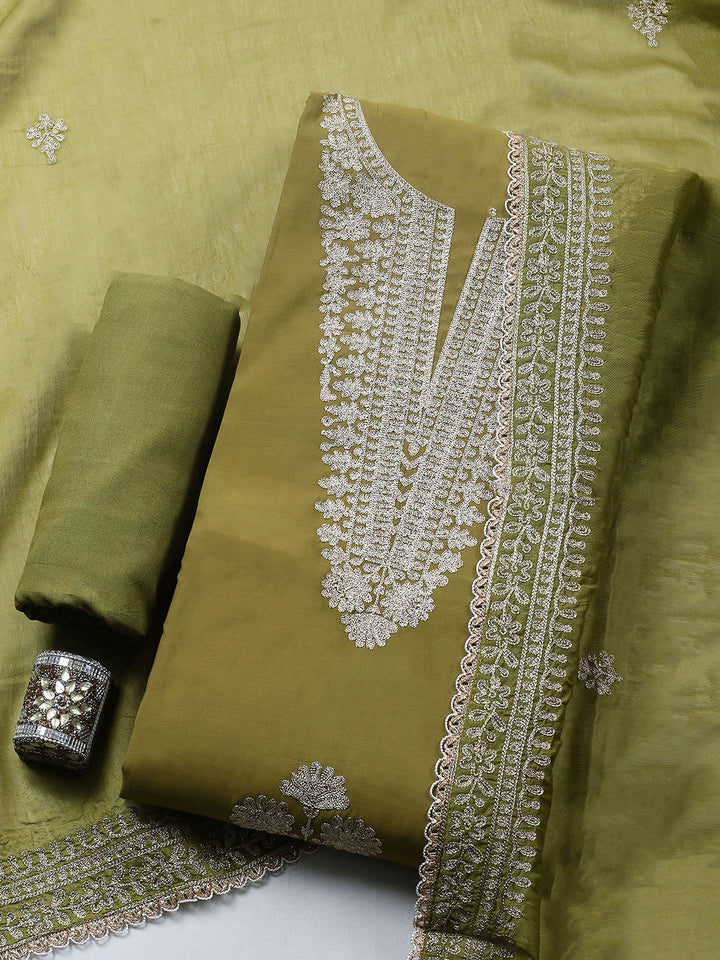 Embroidered Chanderi Unstitched Suit With Pant &amp; Dupatta