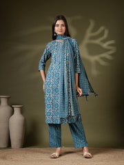 Printed Cotton Blend Kurta With Pant & Dupatta