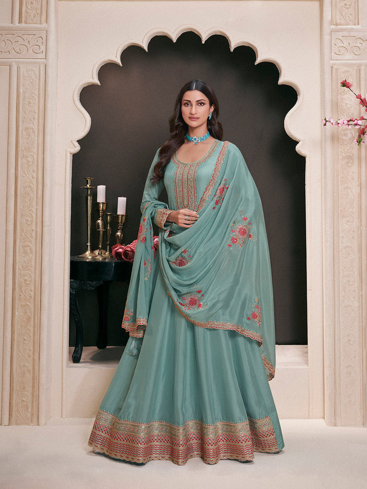 Embroidered Art Silk Unstitched Suit With Pant &amp; Dupatta